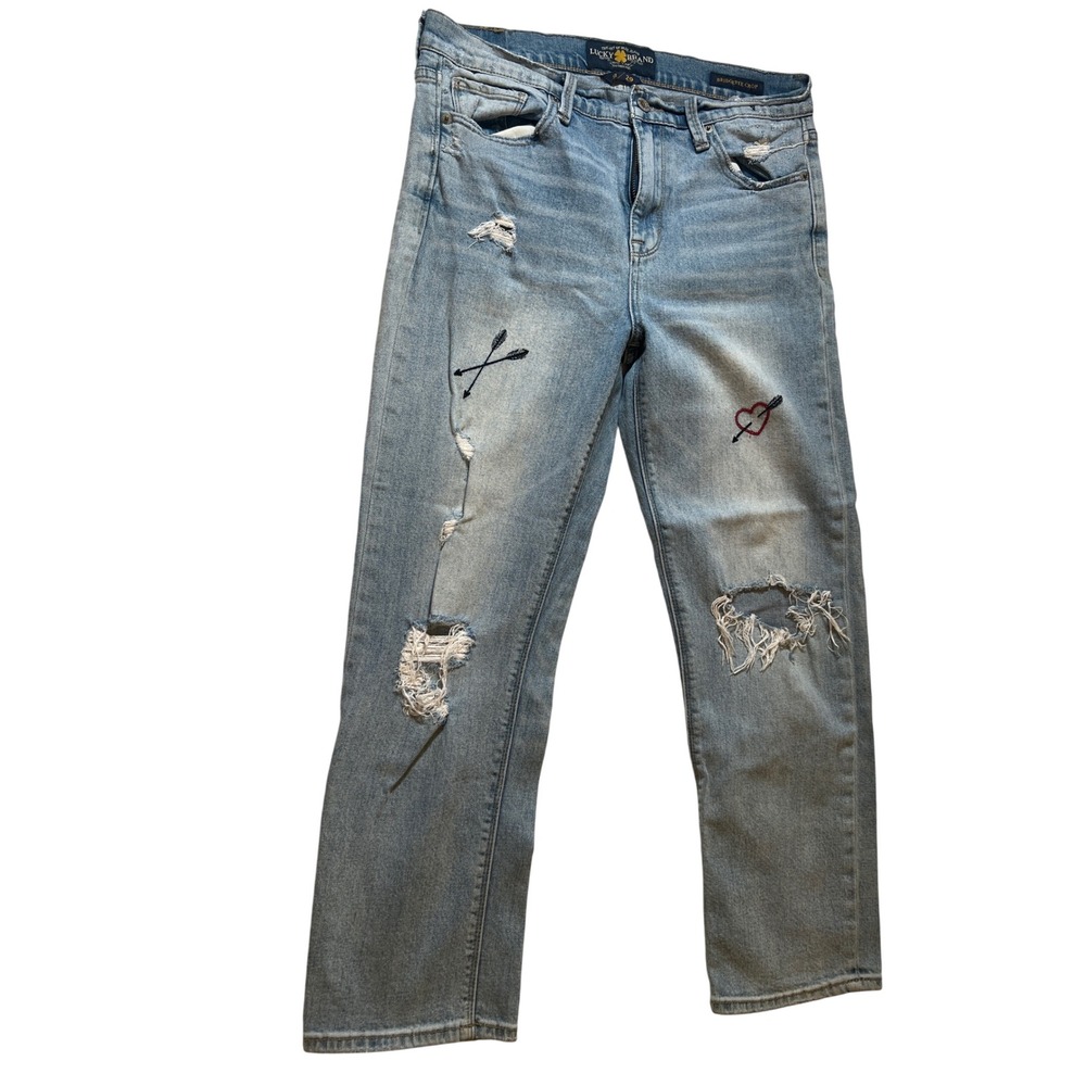 Lucky Brand Bridgette Crop Jeans Women 29 Light Wash Distressed Embroidered 25.5